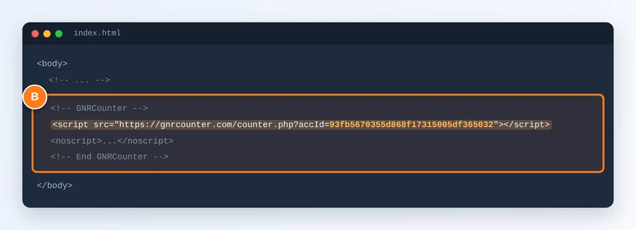 Il codice del contatore evidenziato nell’HTML di un sito web