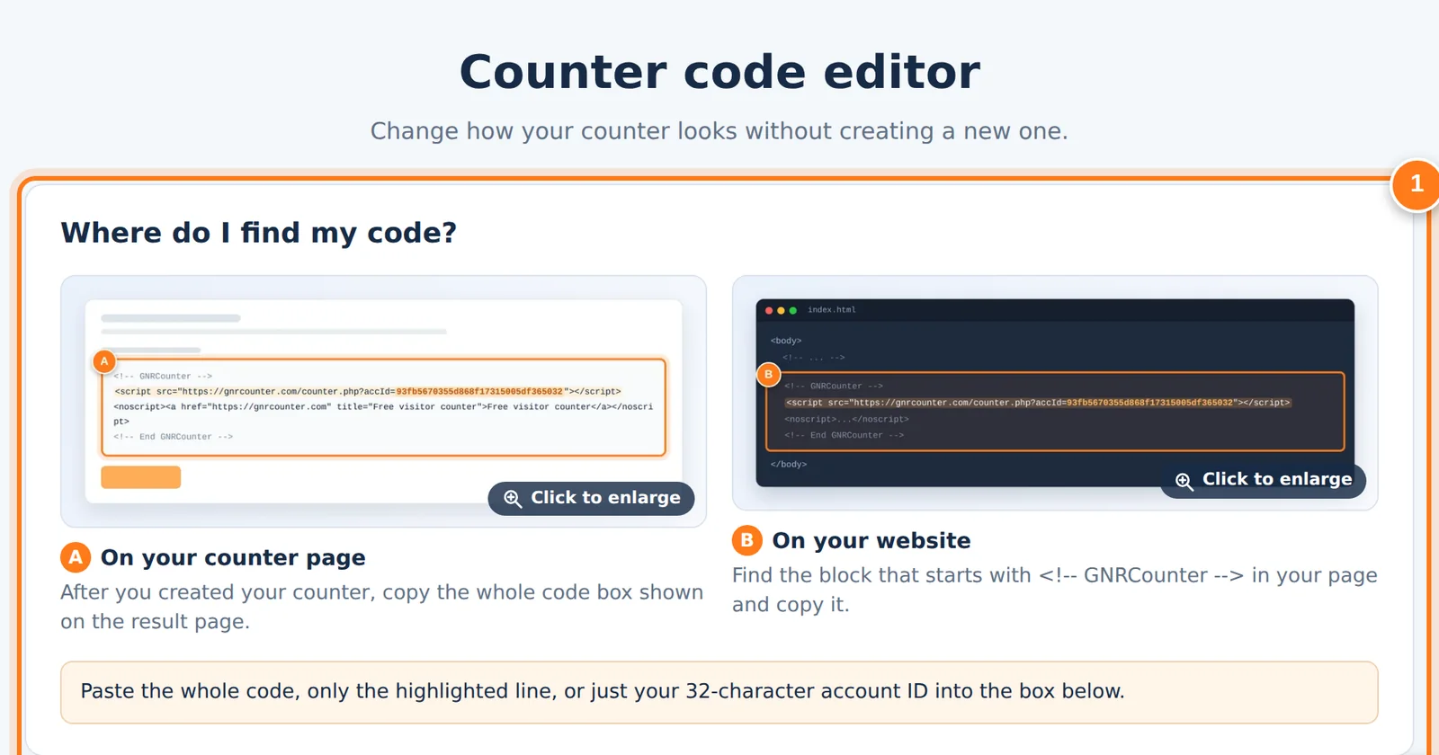 L’editor del codice di GNRCounter con l’area per trovare il codice e il riquadro in cui incollarlo