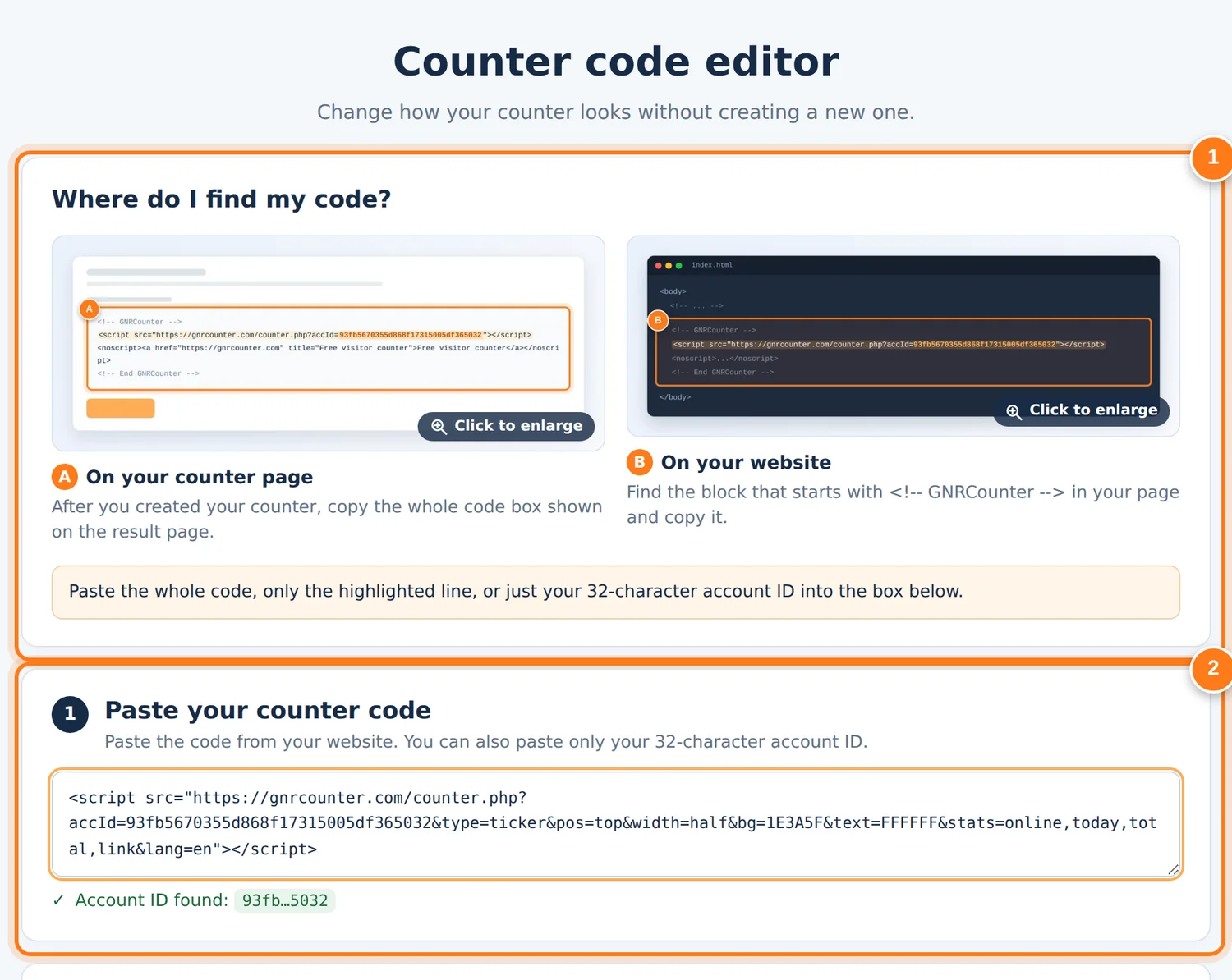 L’editor con due aree numerate: dove trovare il codice e il riquadro in cui incollarlo