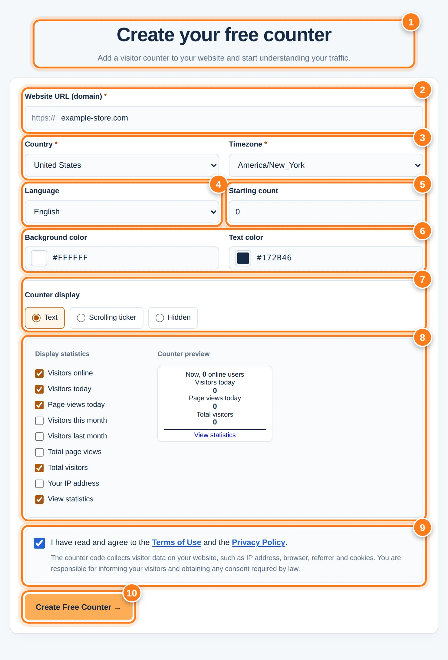 Il modulo Crea il tuo contatore gratuito con dieci aree numerate: titolo, URL del sito, paese e fuso orario, lingua, conteggio iniziale, colori, visualizzazione del contatore, statistiche e anteprima, condizioni e il pulsante Crea