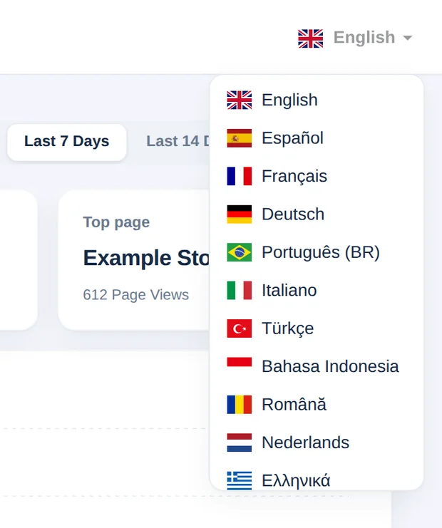 Il selettore della lingua aperto con l’elenco delle lingue e delle bandiere