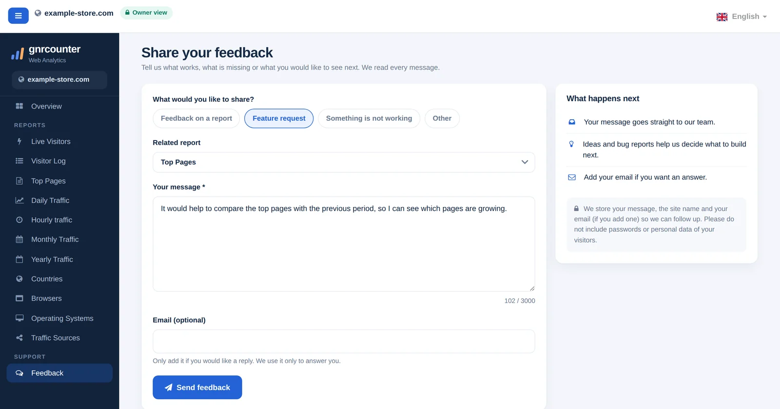 La pagina Feedback di GNRCounter con il modulo del messaggio con tipo di messaggio, report correlato, messaggio ed email, con dati di esempio