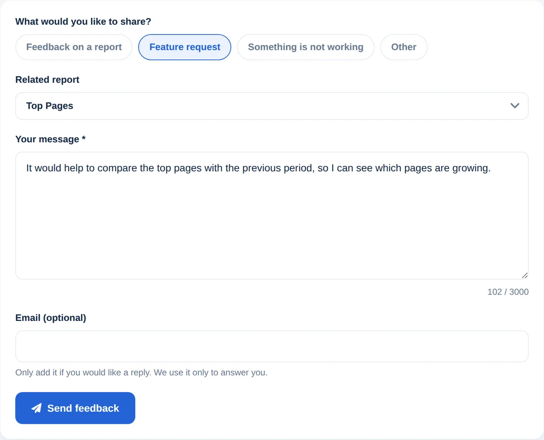 Il modulo di feedback con tipo di messaggio, report correlato, messaggio ed email