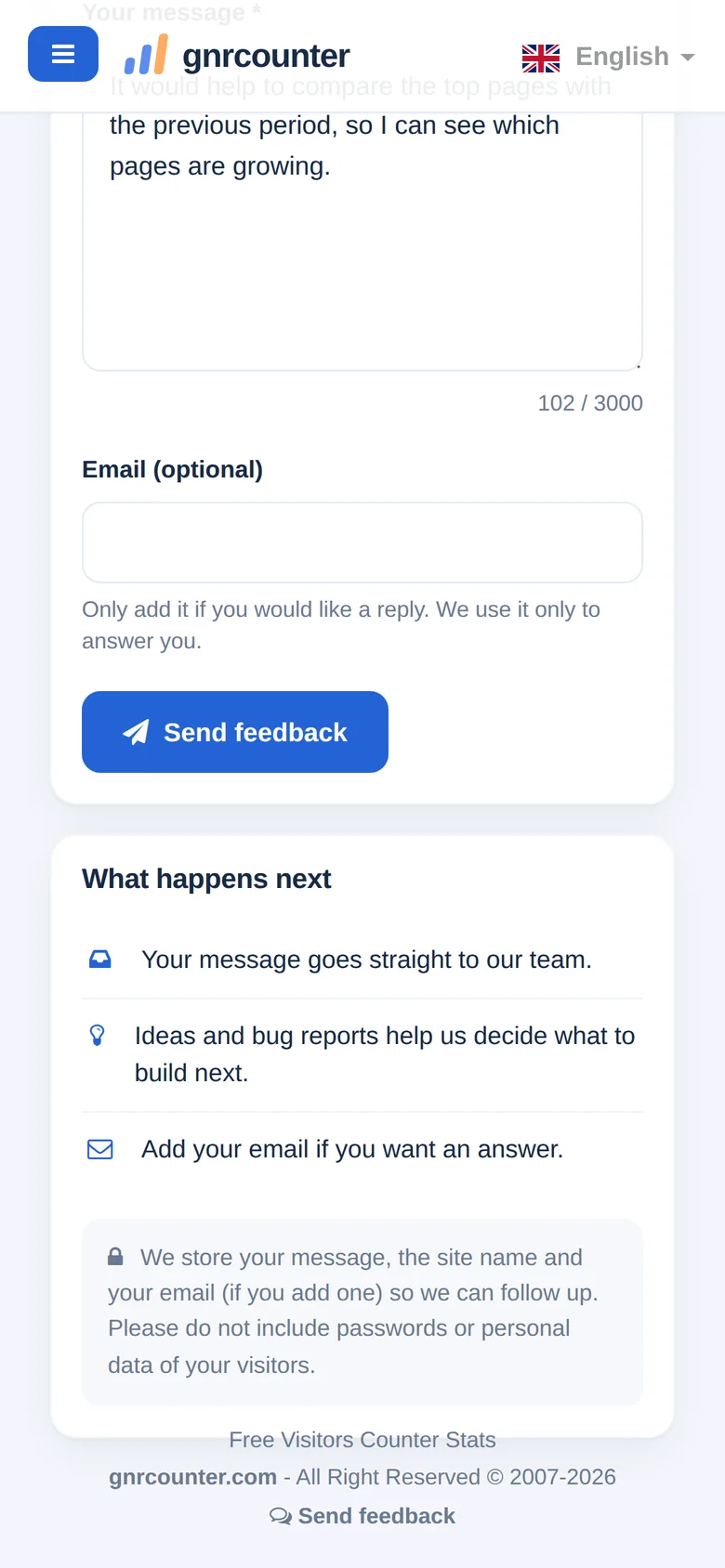 La pagina Feedback su un telefono, scorsa fino al campo email e al pulsante di invio