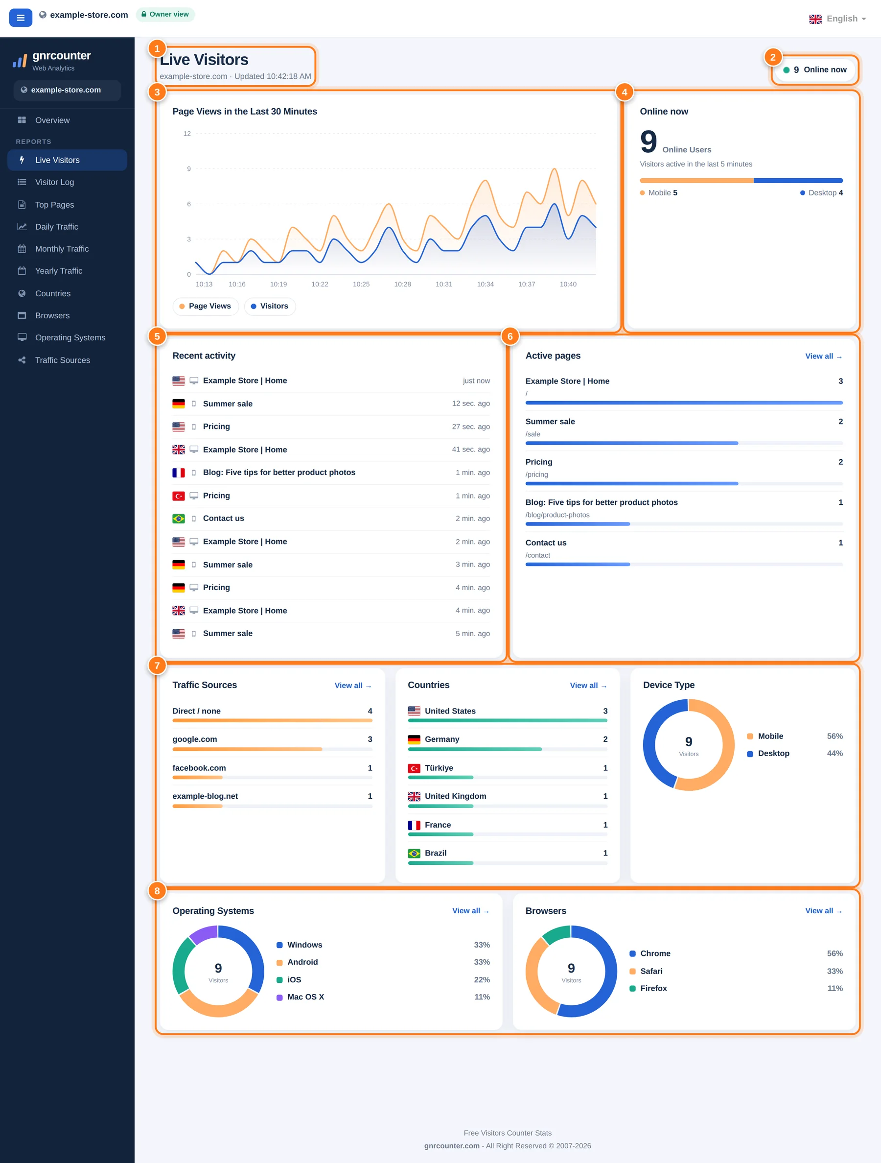 La pagina Visitatori in tempo reale con otto aree numerate: intestazione, badge Online ora, grafico delle visualizzazioni di pagina degli ultimi 30 minuti, scheda Online ora, attività recente, pagine attive, fonti, paesi e tipo di dispositivo, e sistemi operativi e browser