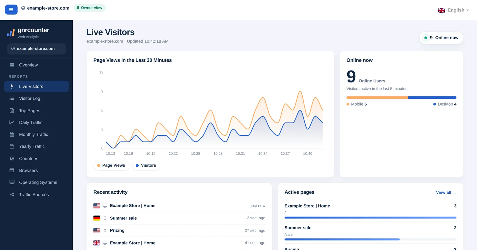 La pagina Visitatori in tempo reale di GNRCounter con 9 utenti online, un grafico delle visualizzazioni di pagina e l’attività recente, con dati di esempio