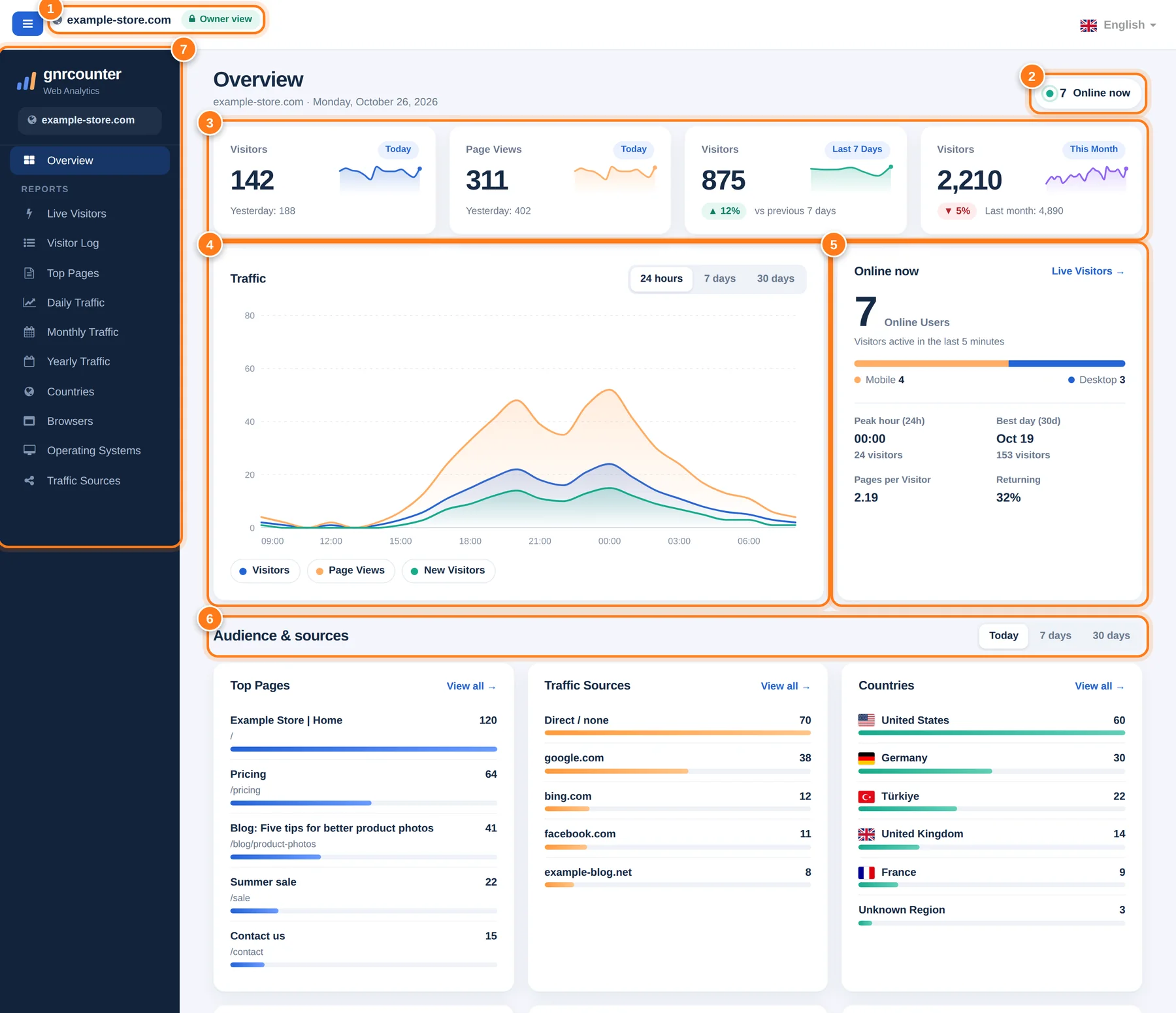 La pagina Panoramica di GNRCounter con sette aree numerate: badge del sito, online ora, schede riepilogo, grafico del traffico, scheda online, pubblico e fonti, e menu dei report