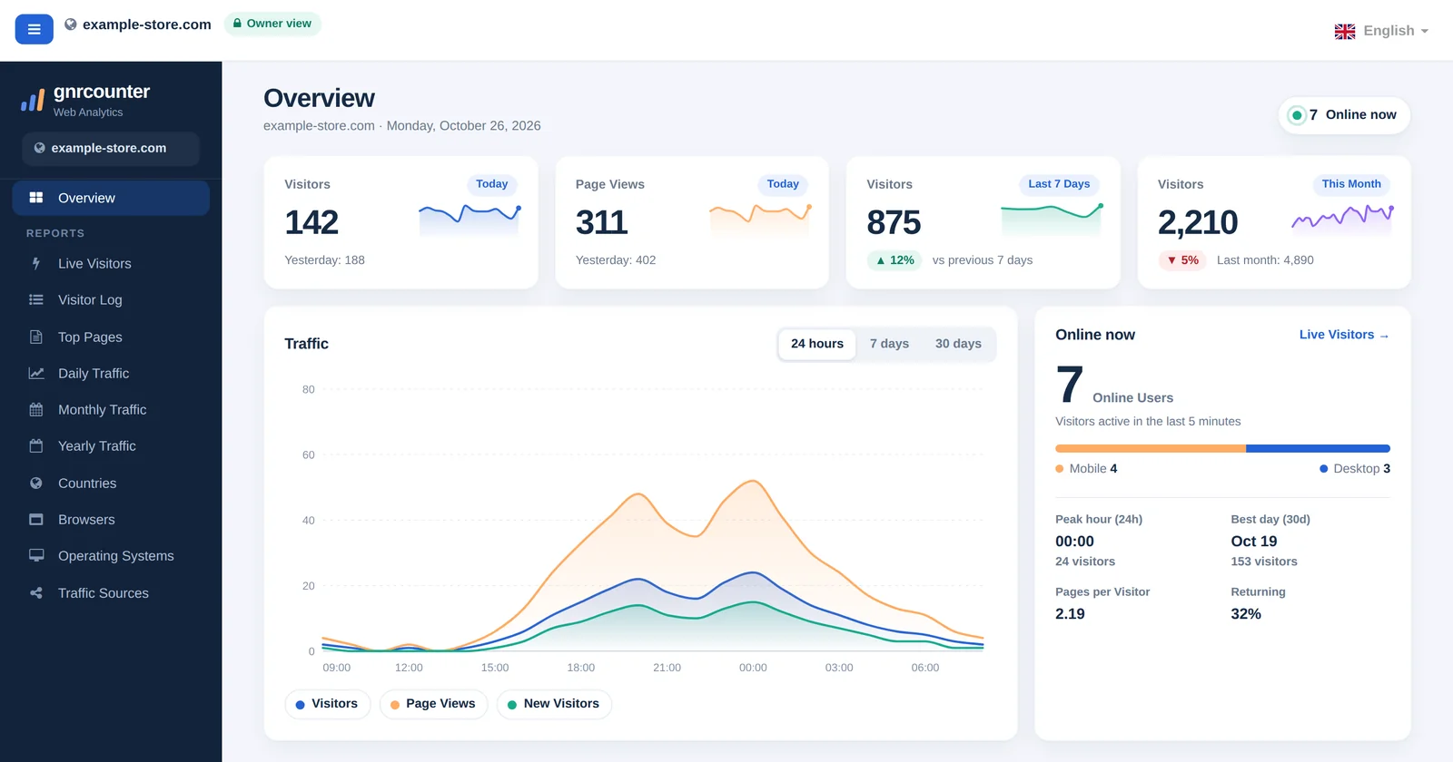 La dashboard Panoramica di GNRCounter con schede riepilogo, un grafico del traffico e visitatori online, con dati di esempio