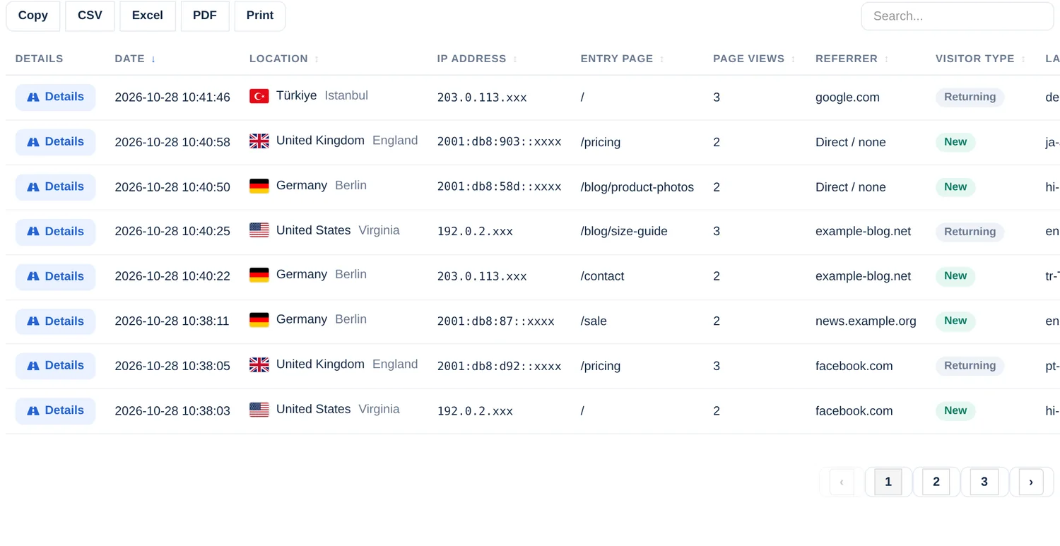Il lato sinistro della tabella dei visitatori: pulsante Dettagli, data, posizione, indirizzo IP, pagina di ingresso e visualizzazioni di pagina