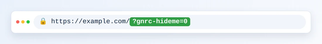 Una barra degli indirizzi del browser con https://example.com/ seguito da ?gnrc-hideme=0 evidenziato